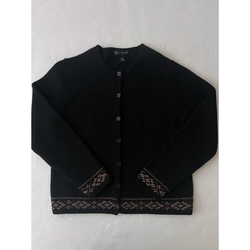 VTG Mercer & Madison Cardigan Sweater Women L Black Wool Fair Isle Hong Kong